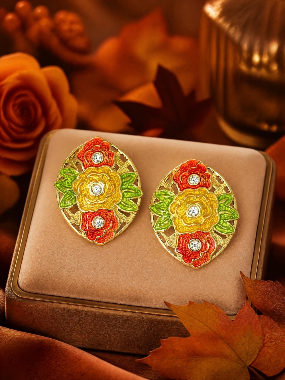 Bob Mackie Vintage Enamel Fall Flower Clip-On Earrings 1841